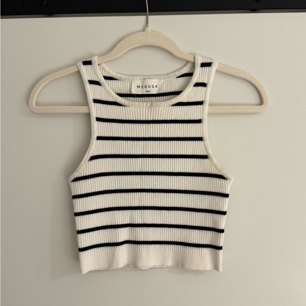 Black and White Striped Crop Tank Top